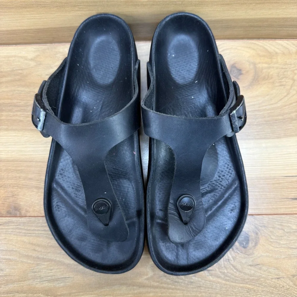 Papillio Birkenstock Platform Gizeh Sandal 6 N EU 37 Black Leather Preppy Travel